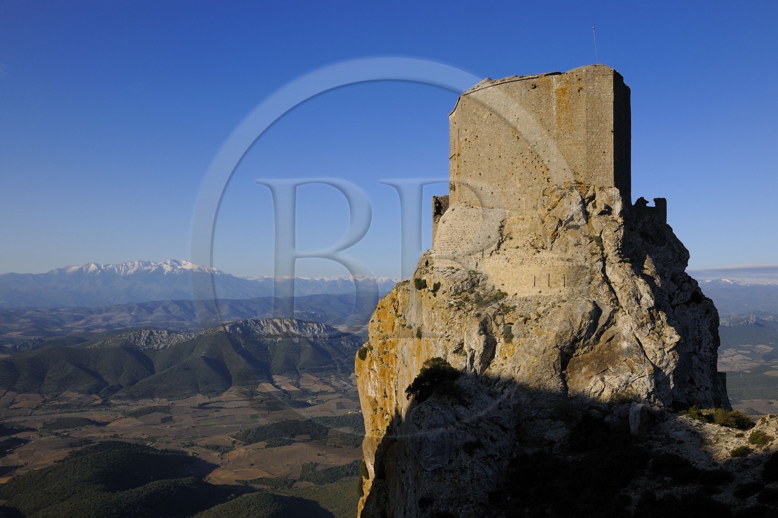 France, Aude (11), Pays Cathare, le château de Quéribus, devant la plaine de Maury et le Mont Canigou (2784 m) dominant la chaine des Pyrénées