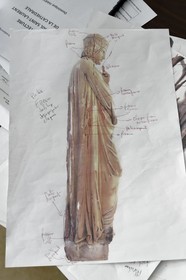 France, Bas Rhin, Strasbourg, old town listed as World Heritage by UNESCO, workshops of the Oeuvre Notre-Dame Foundation, design office, working notes on the statue in restoration of Master Erwin Steinbach, master of work of the western facade (gates and large rose) in the 13th century, by the sculptor Philippe Grass (1866)