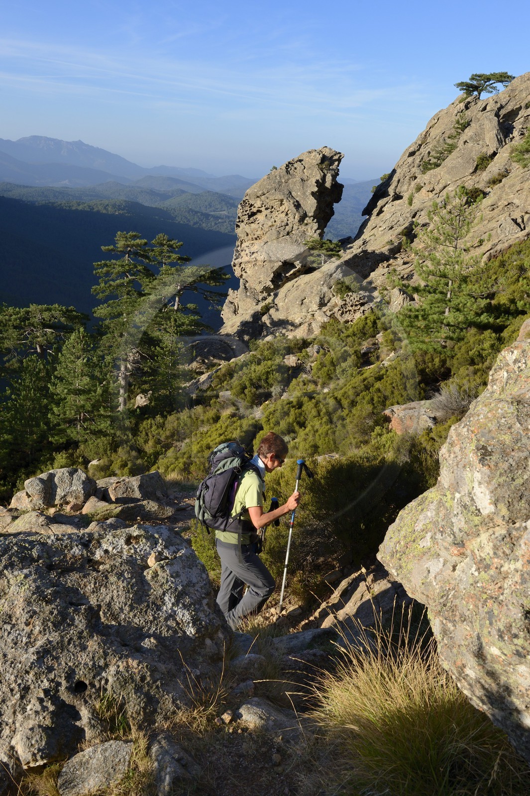 France, Corse-du-Sud (2A), Alta Rocca, Aiguilles de Bavella, randonneurs sur la variante alpine de l'étape du GR 20