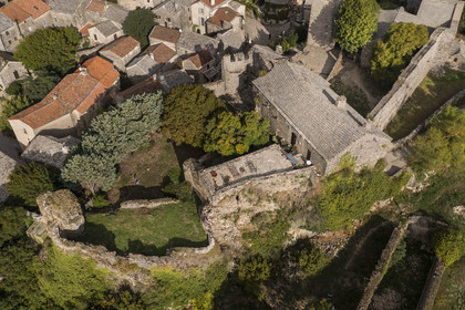 France, Aveyron, Causses and the Cévennes, cultural landscape of Mediterranean agro-pastoralism, listed as World Heritage by UNESCO, La Couvertoirade, labelled Les Plus Beaux Villages de France (The Most Beautiful Villages of France), fortified village on the Larzac plateau,castle built by the Templars (aerial view)