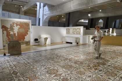 France, Rhone, Lyon, historical site listed as World Heritage by UNESCO, colline de Fourviere, Gallo-Roman Museum of Fourvière, Svastikas mosaic that comes from a big house on the Fourviere hill