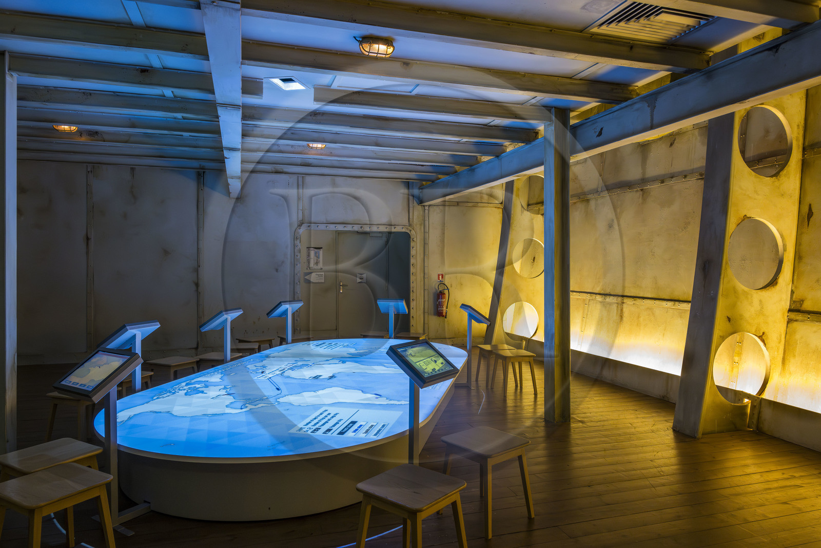 France, Loire Atlantique, Saint Nazaire, Escal'Atlantic in the former German submarine base brings the world of transatlantics back to life, the maritime network map