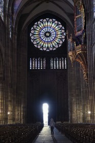 France, Bas Rhin, Strasbourg, old town listed as World Heritage by UNESCO, Notre Dame Cathedral, the big Rose Window of the western facade with a diameter of 13.60 m and the great organ above the nave