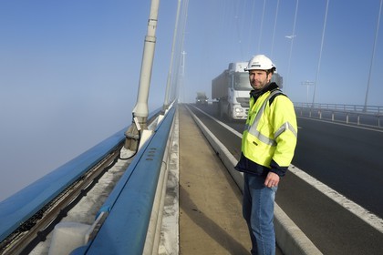 France, between  Calvados and Seine Maritime, the Pont de Normandie (Normandy Bridge) spans the Seine, Julien Bérard from the technical services of the CCI Seine Estuaire
