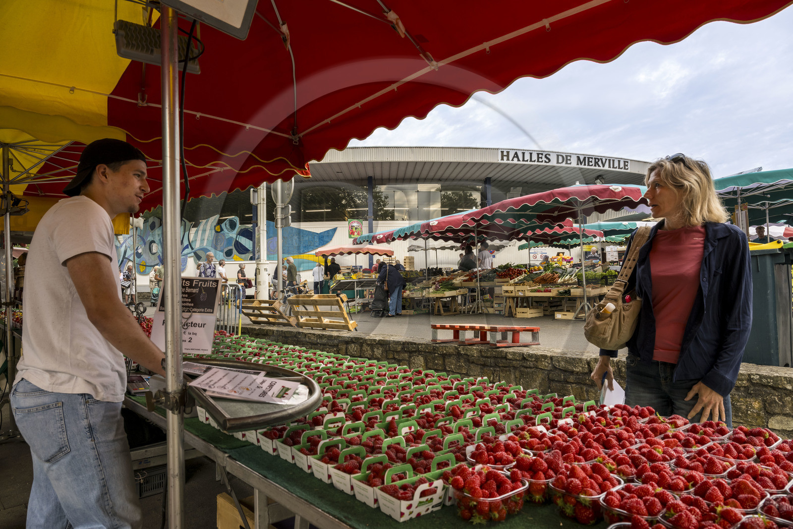 France, Morbihan (56), Lorient, Les halles de Merville, étal de fraise
