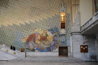 Norway, Oslo, Town Hall (Radhuset), room of the city council of Oslo where the Nobel prize ceremony takes place each year