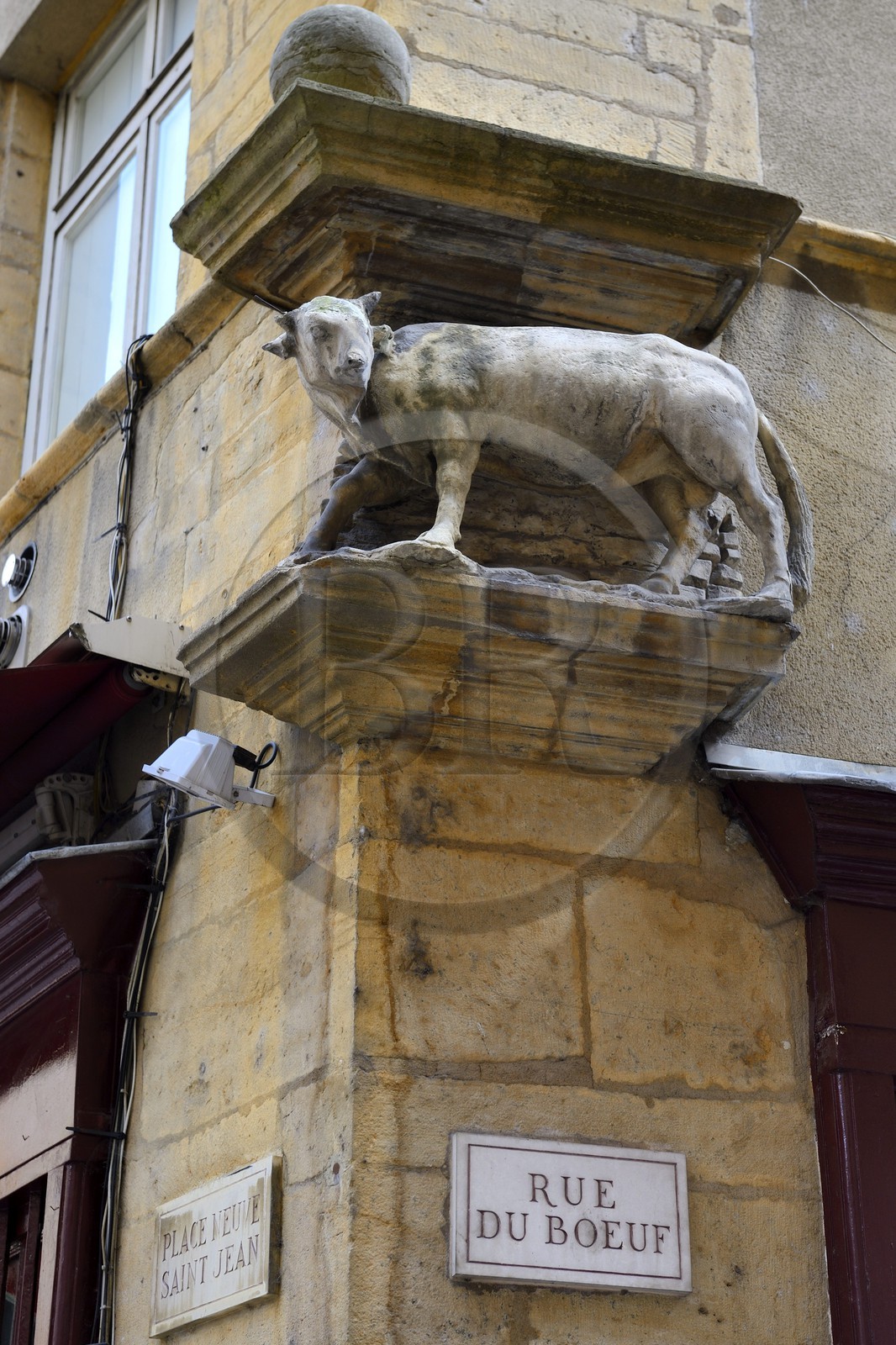 France, Rhône (69), Lyon, site historique classé Patrimoine Mondial de l'UNESCO, Vieux Lyon, plaque de la rue et statue du bœuf (taureau) à l'angle de la rue dont elle tire le nom et de la Place Neuve Saint-Jean France, Rhône (69), Lyon, site historique classé Patrimoine Mondial de l'UNESCO, Vieux Lyon, plaque de la rue et statue du bœuf (taureau) à l'angle de la rue dont elle tire le nom et de la Place Neuve Saint-Jean