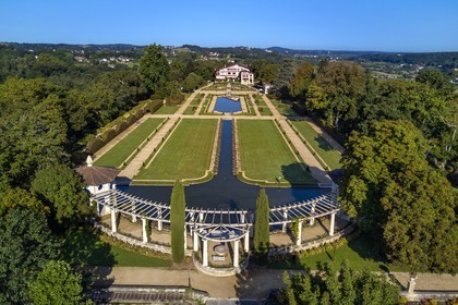 France, Pyrenees Atlantiques, Basque Country, Cambo les Bains, the Villa Arnaga and its French-style garden, the French author Edmond Rostand's house and museum (aerial view)