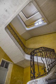 France, Herault, Montpellier, historic center called the Ecusson, Hotel de Griffy, 18th century private mansion, courtyard staircase with iron railing dating from 1760