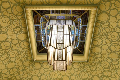 France, Marne, Reims, the Carnegie Library in Art Nouveau style, the luster of the large entrance hall was designed by the master glassmaker from Reims Jacques Simon