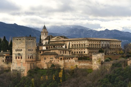 Spain, Andalusia, Granada, Alhambra, listed as World Heritage by UNESCO, and the Sierra Nevada mountains