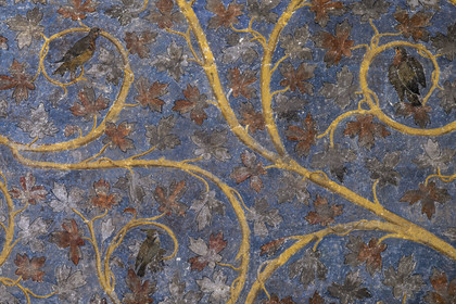 France, Vaucluse (84), Avignon, Palais des Papes classé Patrimoine mondial de l'UNESCO, la tour des Anges ou tour du pape, chambre du Pape, un espace végétal à deux dimensions fait de rinceaux de vigne et de chêne, parsemés d’oiseaux et d’écureuils, orne les murs sur un fond bleu ciel