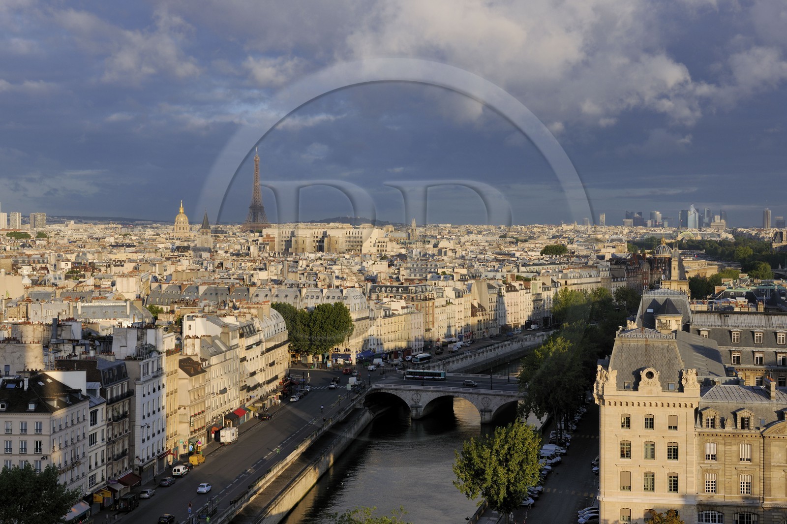 France, Paris (75), vue générale depuis la cathédrale Notre-Dame de Paris avec les rives de la Seine classées Patrimoine Mondial de l'UNESCO et la Tour Eiffel