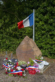 France, Nievre, Regional Natural Park of Morvan, Mhère, Maquis Mariaux stele at the Hamlet of La Chaumière in tribute to two resistance fighters who died here for France during the Second World War, along the Rigole d'Yonne which draws water from the Yonne at Lake Pannecière and feeds the Nivernais Canal