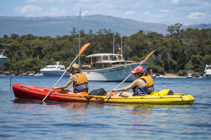 France, Alpes-Maritimes, Cannes, kayaking in the Lerins Islands, passage in the stretch of sea between the two islands of Lérins, the islands of Saint-Honorat and Sainte-Marguerite