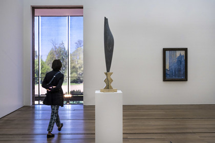 Switzerland, Basel, Riehen, Beyeler Foundation, The Bird (1923-1947) by Constantin Brancusi and Rouen Cathedral: The Portal (Morning Effect) (1894) by Claude Monet