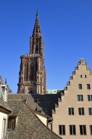 France, Bas Rhin, Strasbourg, old town listed as World Heritage by UNESCO, Notre Dame Cathedral behind the buildings of the Fondation de l'Oeuvre Notre-Dame with crow-stepped gable