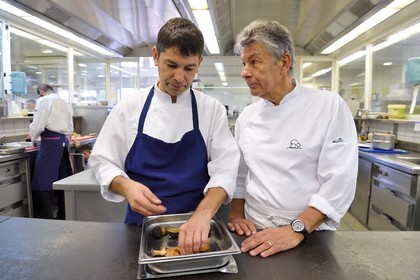 France, Haute Loire, Saint Bonnet le Froid, Régis and Jacques Marcon 3-star restaurant, Jacques (son) and Regis (father) Marcon