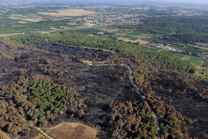 France, Aude, the mountains of the Clappe located between Narbonne and the Mediterranean Sea, Fire damage (aerial view)
