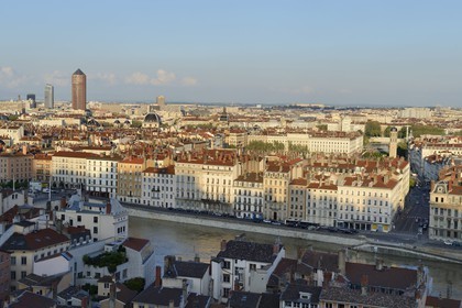 France, Rhone, Lyon, historical site listed as World Heritage by UNESCO, la place Bellecour in the district of La Presqu'Ile between the Saone and Rhone, Credit Lyonnais tower called the Pencil by architects Cossutta & Associates in the background