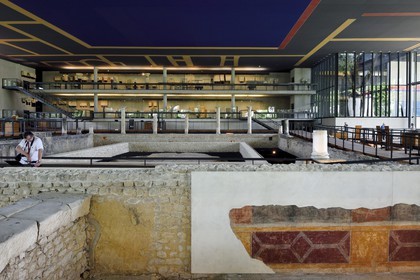 France, Dordogne, White Perigord, Perigueux, Vesunna museum, Gallo-Roman museum and site designed by architect Jean Nouvel (legal reference), remains of a Gallo Roman mansion decorated with painted plaster, the domus of Vesunna