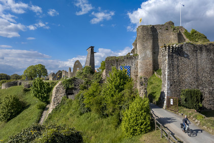 France, Vendee, Tiffauges, the castle of Tiffauges, old castle in ruins where Gilles de Rais resided, bike ride (aerial view)