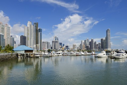 Panama, Panama City, yacht club marina and waterfront skyscrapers
