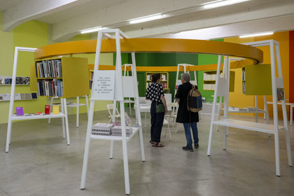 France, Cote d'Or, Dijon, the Consortium Museum, a contemporary art center opened in 2011 and designed by architects Shigeru Ban and Jean de Gastines, the Presses du Réel bookstore, shelving on modular pedestals, designed by Matali Crasset