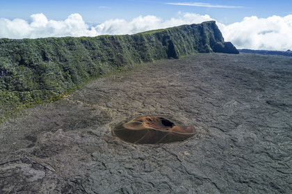 France, Reunion island (French overseas department), Reunion National Park listed as World heritage by UNESCO, Piton de la Fournaise volcano, Formica Léo crater in the caldera and the cliffs of Pas de Bellecombe (aerial view)