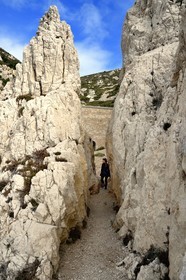 France, Bouches-du-Rhône (13), Le Rove vers Marseille, la Cote Bleue, randonnée de Niolon au Cap Méjean le long du Sentier des Douaniers, passage entre deux rochers
