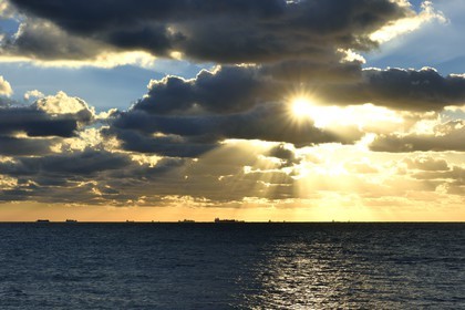 France, Seine Maritime, Le Havre, cargo ships anchored in the Le Havre port waiting area off the coast