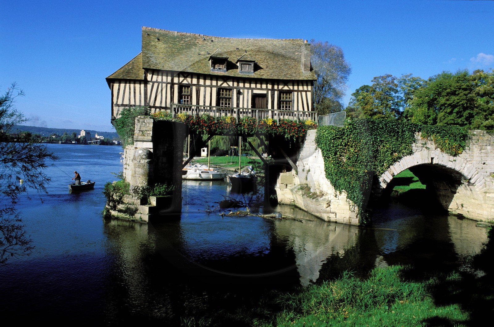 France, Eure, Vernon, Old Mill on an ancient Bridge on the Seine River