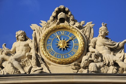 France, Yvelines, Chateau de Versailles, listed as World Heritage by UNESCO, clock of the Cour de Marbre (Marble Courtyard) renovated in 2008