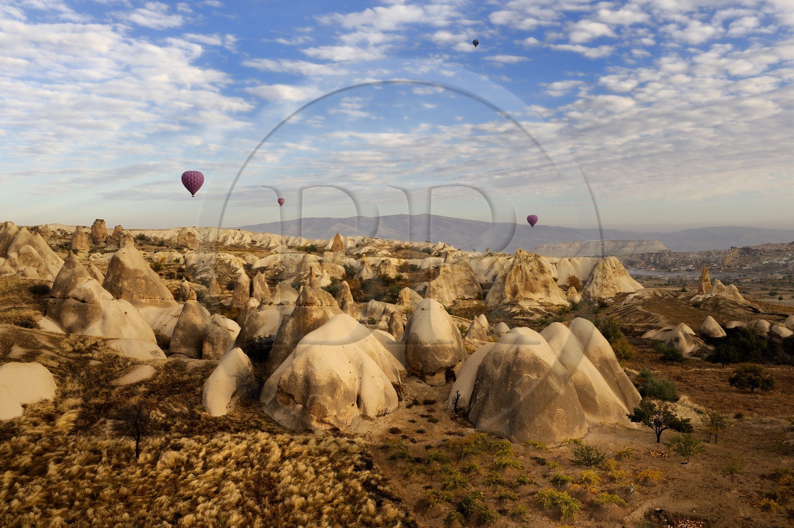 Turquie, Anatolie Centrale, province de Nevsehir, Cappadoce classée Patrimoine Mondial de l'UNESCO, survol en mongolfière de paysages d'érosion aux environs d'Uçhisar et de Göreme (vue aérienne)