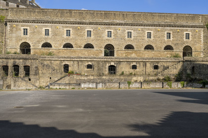 France, Finistère, Brest, the arsenal, the military port is a naval base of the French Navy, the Lions building in Pontaniou cove, a four-level dike bridge