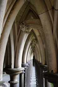 France, Manche, the abbey of Mont Saint Michel, listed as World Heritage by UNESCO, the cloister between the archways