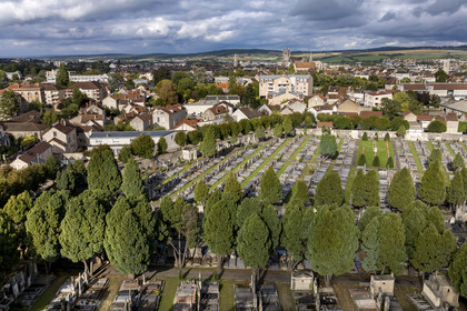 France, Yonne, Auxerre, the Saint-Amâtre (Dunant) cemetery founded in 1793 and Saint-Etienne Cathedral in the background (aerial view)
