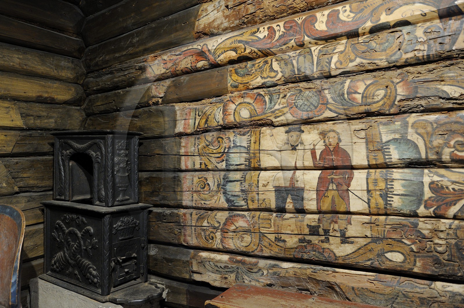 Norvège, Oslo, presqu'île de Bygdoy, musée du Folklore norvégien (Norsk Folkemuseum), intérieur de l'auberge Cappelen (vers 1800) du Telemark