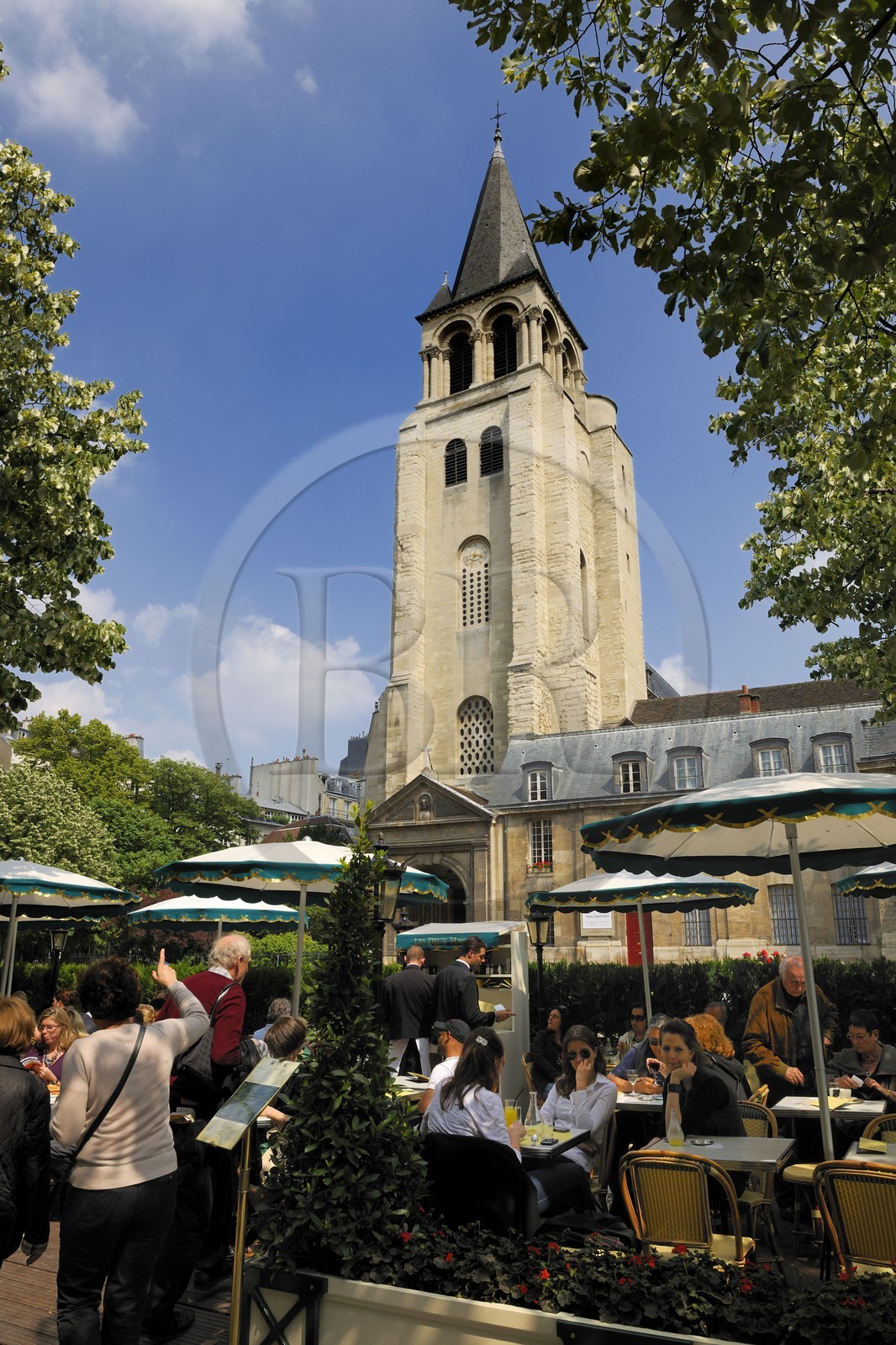France, Paris, Saint Germain des Pres Church, Saint Germain des Pres square, Café de Flore terrasse