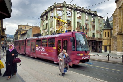 Bosnia and Herzegovina, Sarajevo, ruined building at the rear of the cathedral following the bombing during the siege of Sarajevo by Serb Army Republic of Bosnia between 1992 and 1996
