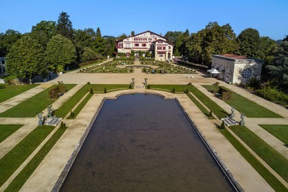 France, Pyrenees Atlantiques, Basque Country, Cambo les Bains, the Villa Arnaga and its French-style garden, the French author Edmond Rostand's house of neo-basque style and museum (aerial view)