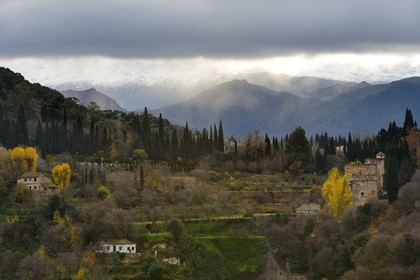 Spain, Andalusia, Granada, Alhambra, listed as World Heritage by UNESCO, and the Sierra Nevada mountains