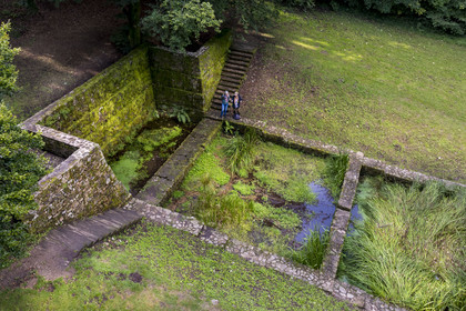 France, Saone et Loire, regional natural park of Morvan, Saint Leger sous Beuvray, oppidum of Bibracte, capital of the Celtic people of the Aedui, archaeological site on Mount Beuvray, Saint-Pierre fountain (aerial view)