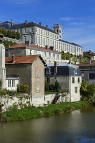 France, Meuse, the Meuse at Verdun, the former Bishop's Palace and the Cathedral in the background