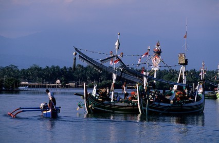 Indonesia, Bali island, highly decorated fishing boats in Perancak