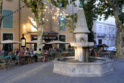 France, Herault, Beziers, cafe terrace on Revolution Square