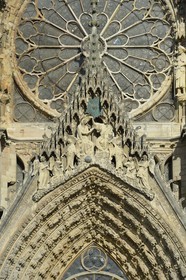 France, Marne, Reims, Notre-Dame de Reims cathedral, listed as World Heritage by UNESCO, the western facade rose window and Coronation of the Virgin on the gable