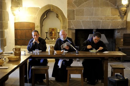 France, Manche, the abbey of Mont Saint Michel, listed as World Heritage by UNESCO, lunch in the current refectory of the monks of Monastic Fraternities of Jerusalem in the abbey lodgings