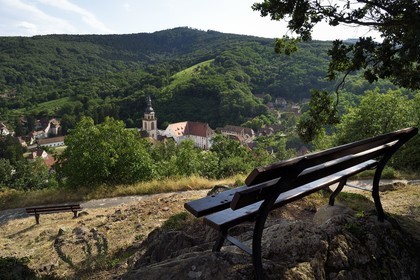 France, Bas-Rhin (67), Route des vins d'Alsace, Andlau, point de vue sur le village et  l'église abbatiale Saint-Pierre-et-Saint-Paul (XIème-XVIIIème siècles)