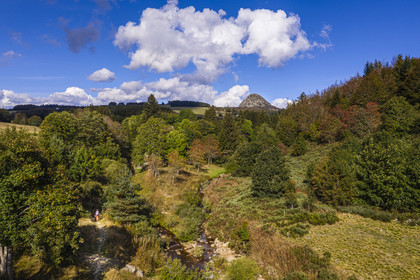 France, Ardeche, parc naturel regional des Monts d'Ardeche (Regional natural reserve of the Mounts of Ardeche), hiker on the GR 7 trail at the junction of the Loire on the right and the Riu l'Aigue Negre on the left, the Mont Gerbier-de-Jonc (1551 m) where the Loire finds its source in the background (aerial view)